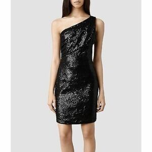 AllSaints Cassis Black Sequin One-Shoulder Dress